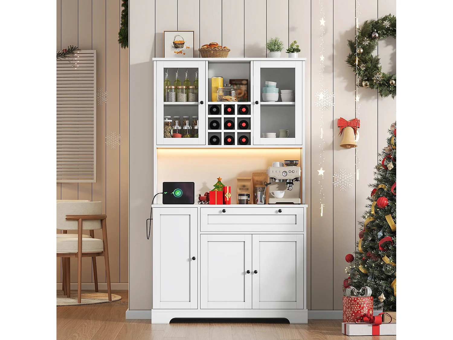 Modernes Küchenbuffet 100x40x180cm - mit Steckdose und LED - mit 1 Schublade und 5 Türen - mit Gewürzregal - Weiß