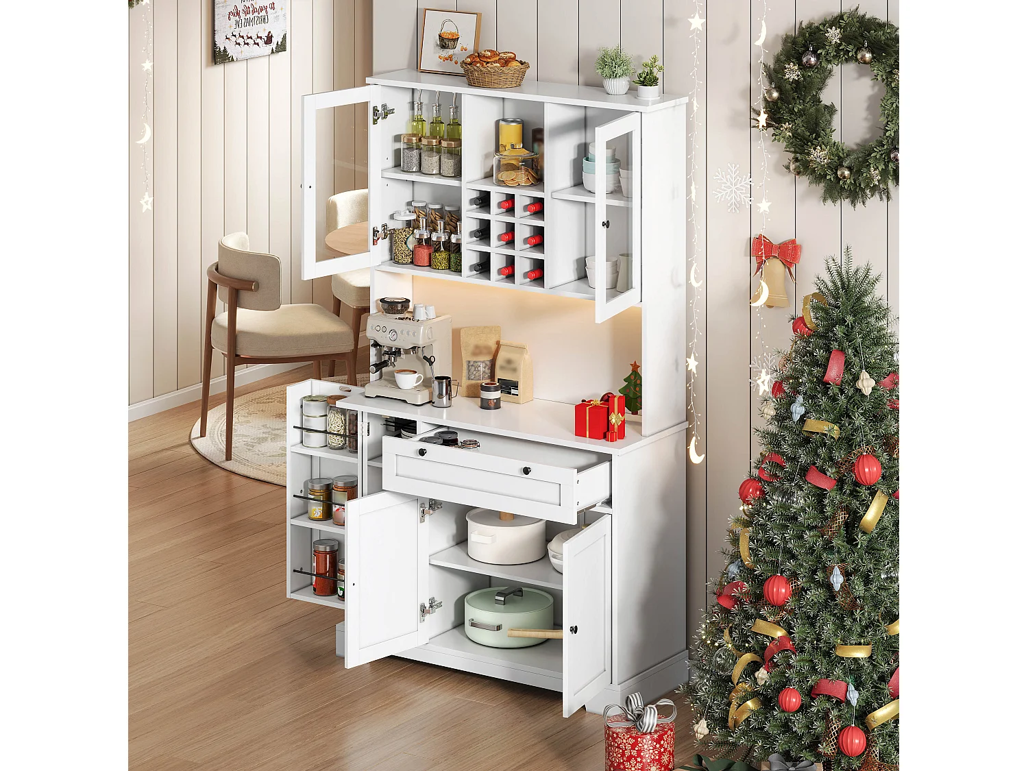 Modernes Küchenbuffet 100x40x180cm - mit Steckdose und LED - mit 1 Schublade und 5 Türen - mit Gewürzregal - Weiß