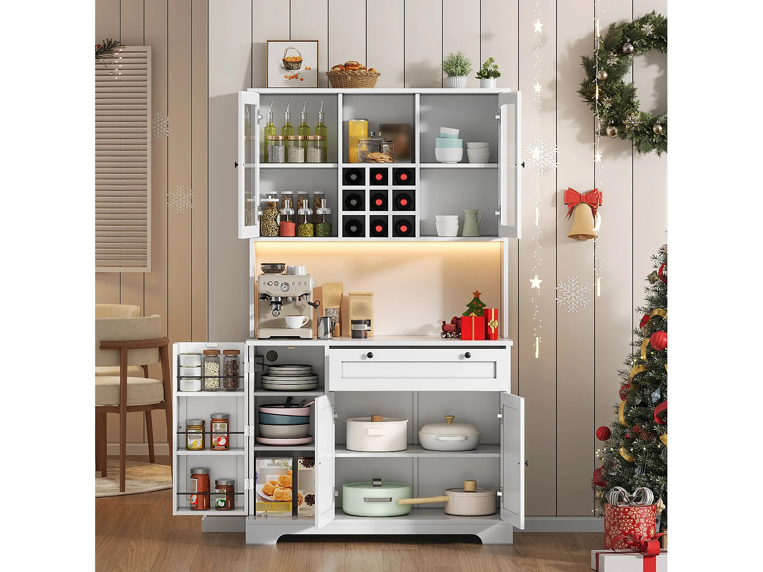 Modernes Küchenbuffet 100x40x180cm - mit Steckdose und LED - mit 1 Schublade und 5 Türen - mit Gewürzregal - Weiß