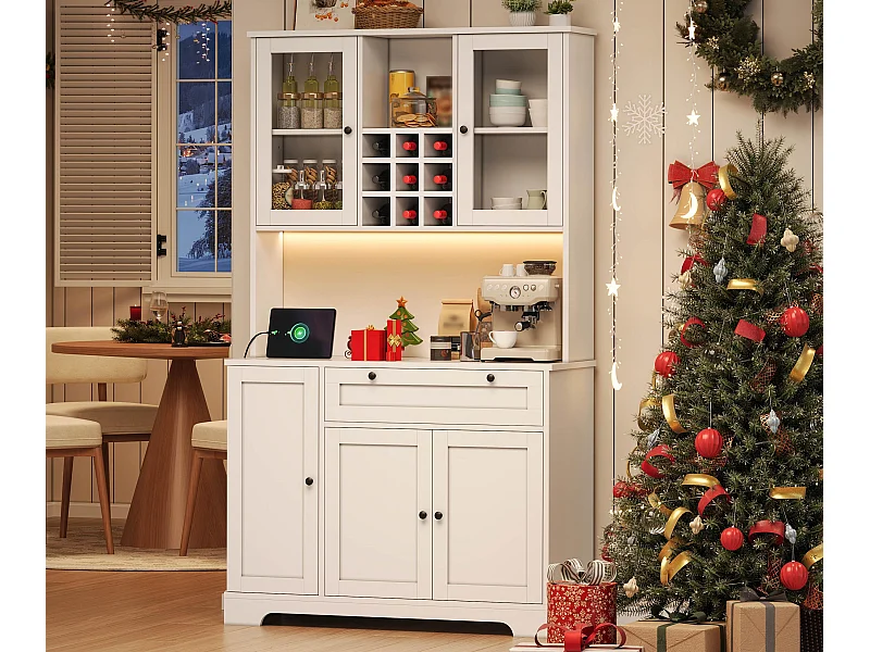 Buffet de cuisine moderne 100x40x180cm - avec prise et LED - avec 1 tiroir et 5 portes - avec étagère à épices - Blanc