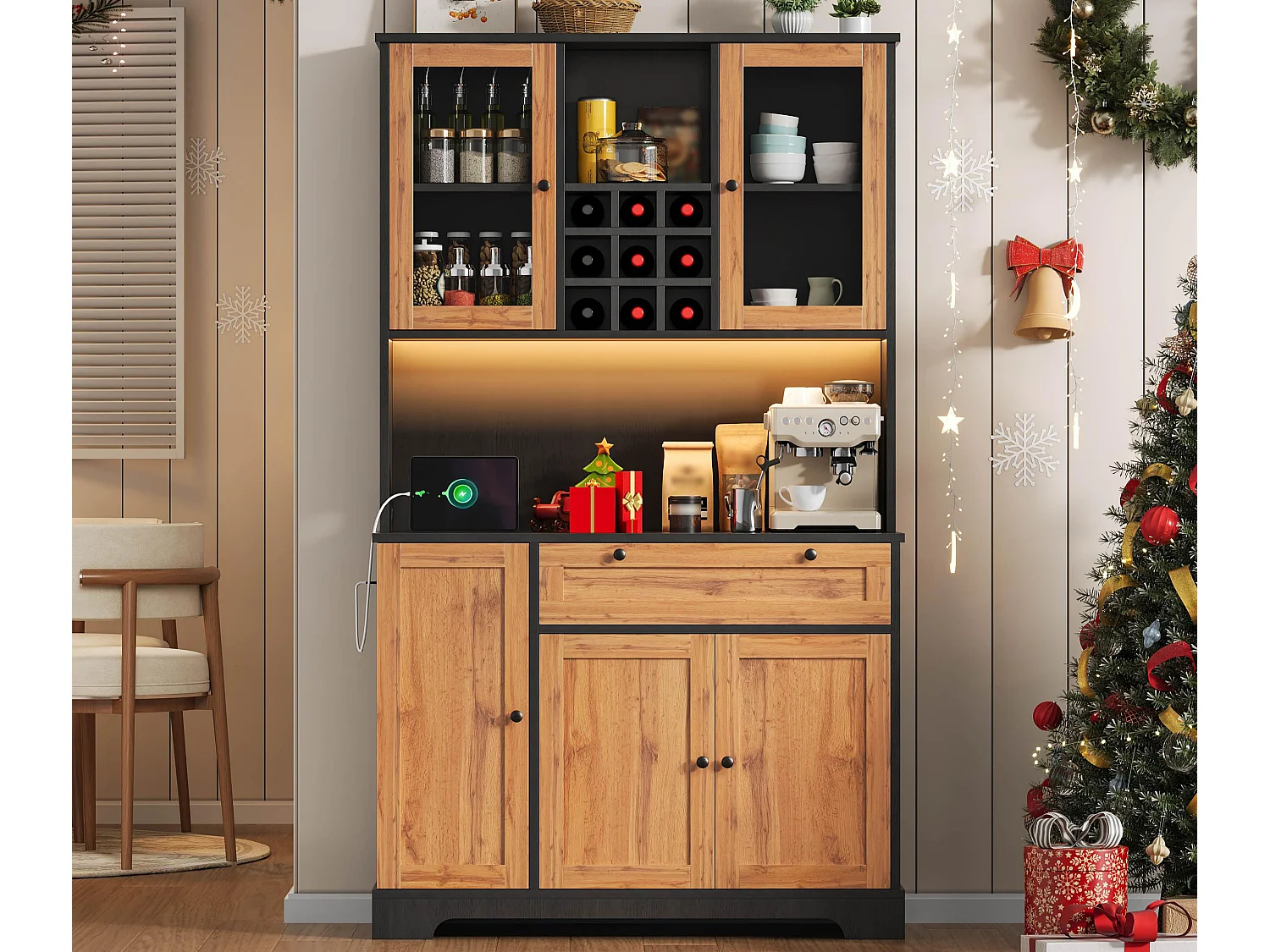 Modernes Küchenbuffet 100x40x180cm - mit Steckdose und LED - mit 1 Schublade und 5 Türen - mit Gewürzregal - Natur