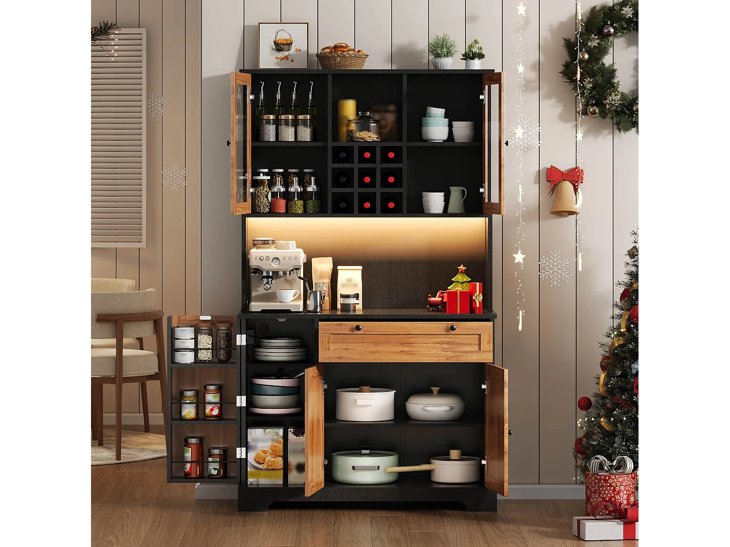 Modernes Küchenbuffet 100x40x180cm - mit Steckdose und LED - mit 1 Schublade und 5 Türen - mit Gewürzregal - Natur