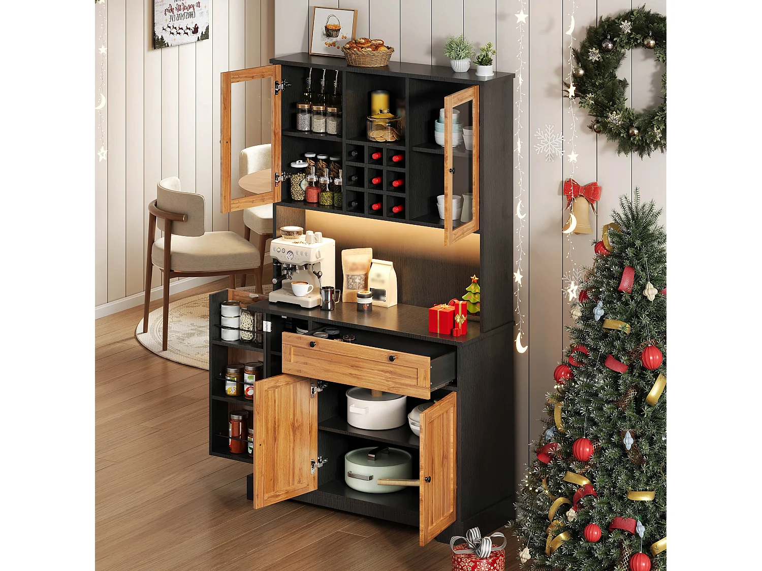 Modernes Küchenbuffet 100x40x180cm - mit Steckdose und LED - mit 1 Schublade und 5 Türen - mit Gewürzregal - Natur