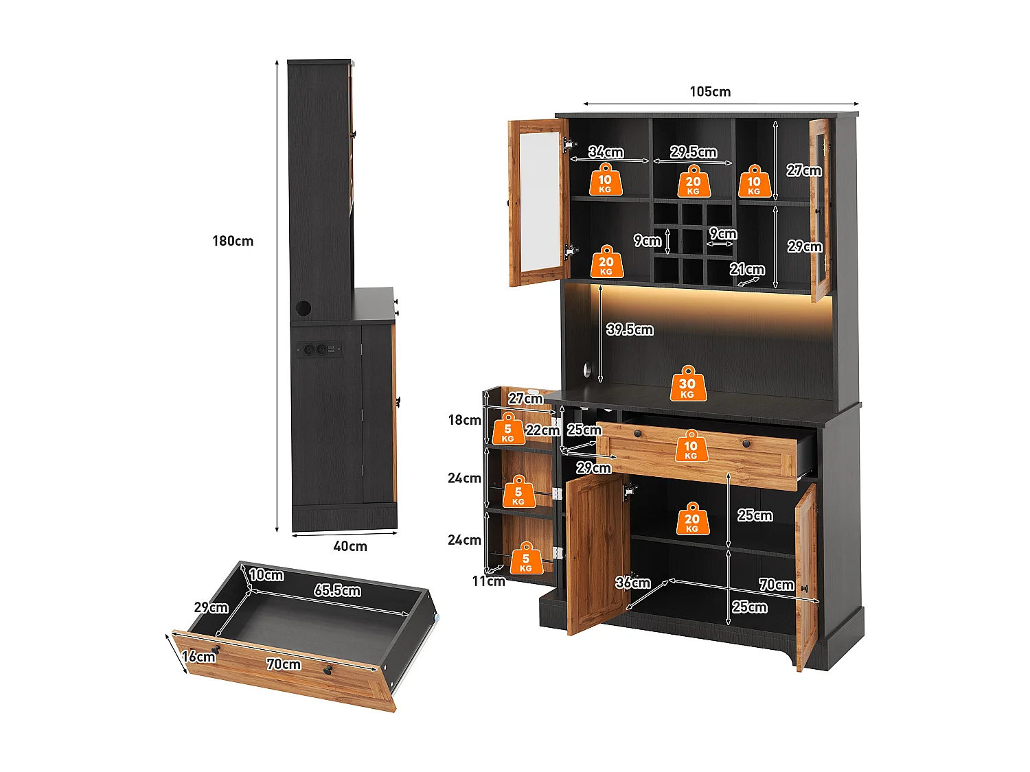 Modernes Küchenbuffet 100x40x180cm - mit Steckdose und LED - mit 1 Schublade und 5 Türen - mit Gewürzregal - Natur