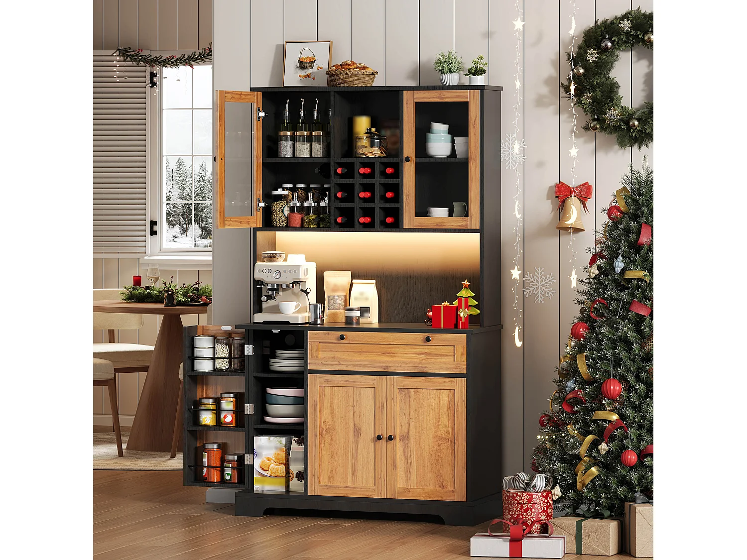 Modernes Küchenbuffet 100x40x180cm - mit Steckdose und LED - mit 1 Schublade und 5 Türen - mit Gewürzregal - Natur