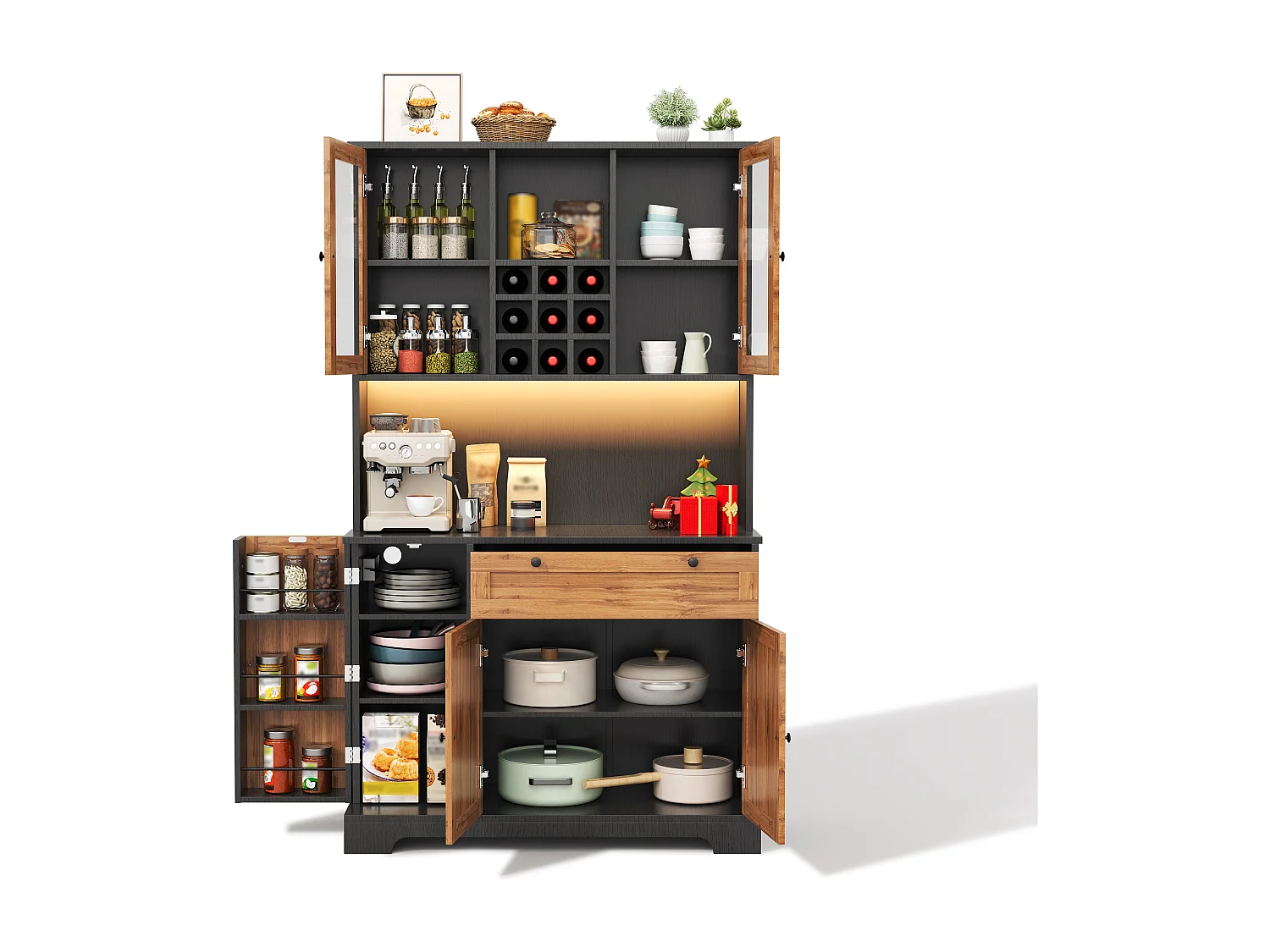 Modernes Küchenbuffet 100x40x180cm - mit Steckdose und LED - mit 1 Schublade und 5 Türen - mit Gewürzregal - Natur