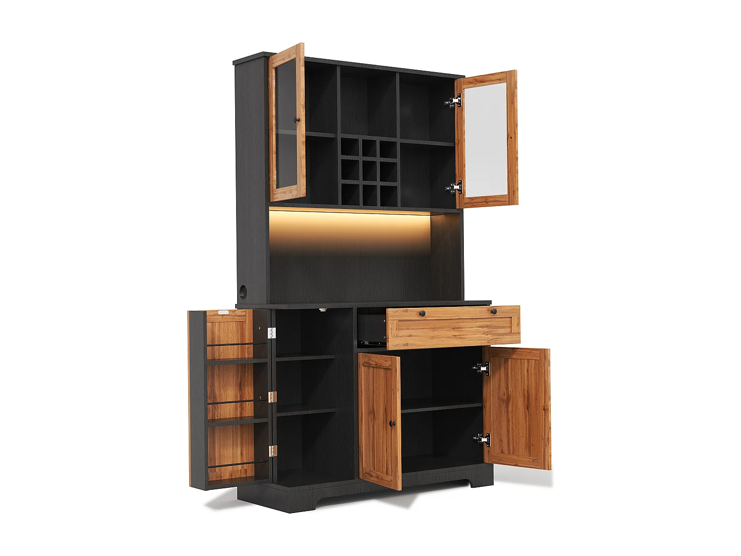 Modernes Küchenbuffet 100x40x180cm - mit Steckdose und LED - mit 1 Schublade und 5 Türen - mit Gewürzregal - Natur