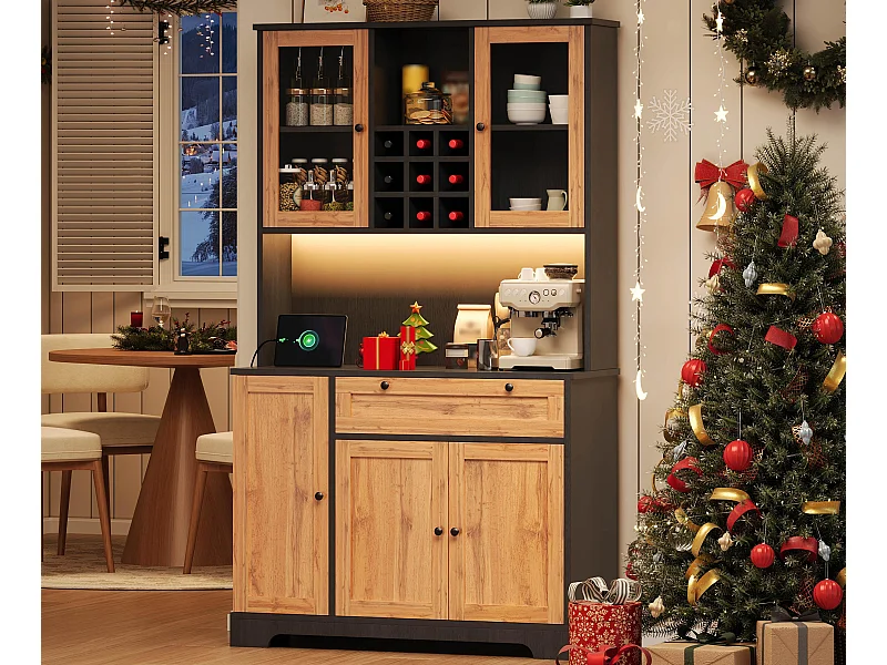 Buffet de cuisine moderne 100x40x180cm - avec prise et LED - avec 1 tiroir et 5 portes - avec étagère à épices - Naturel