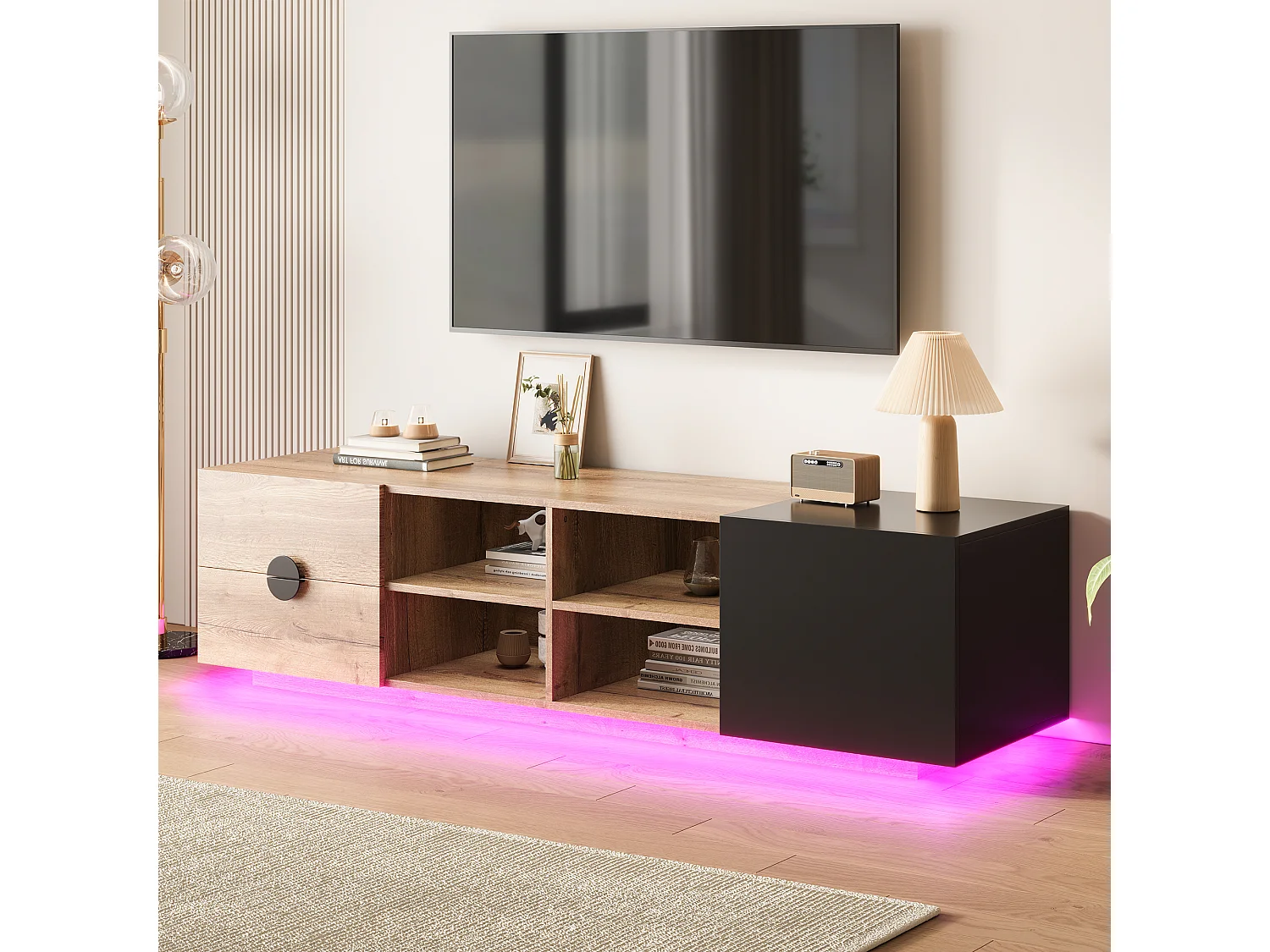 TV-Ständer aus kontrastierendem Holz und Schwarz – 180 x 38,5 x 47 cm – mit 2 Schubladen + Tür + Ablage + LEDs – Holz – Natur + Schwarz