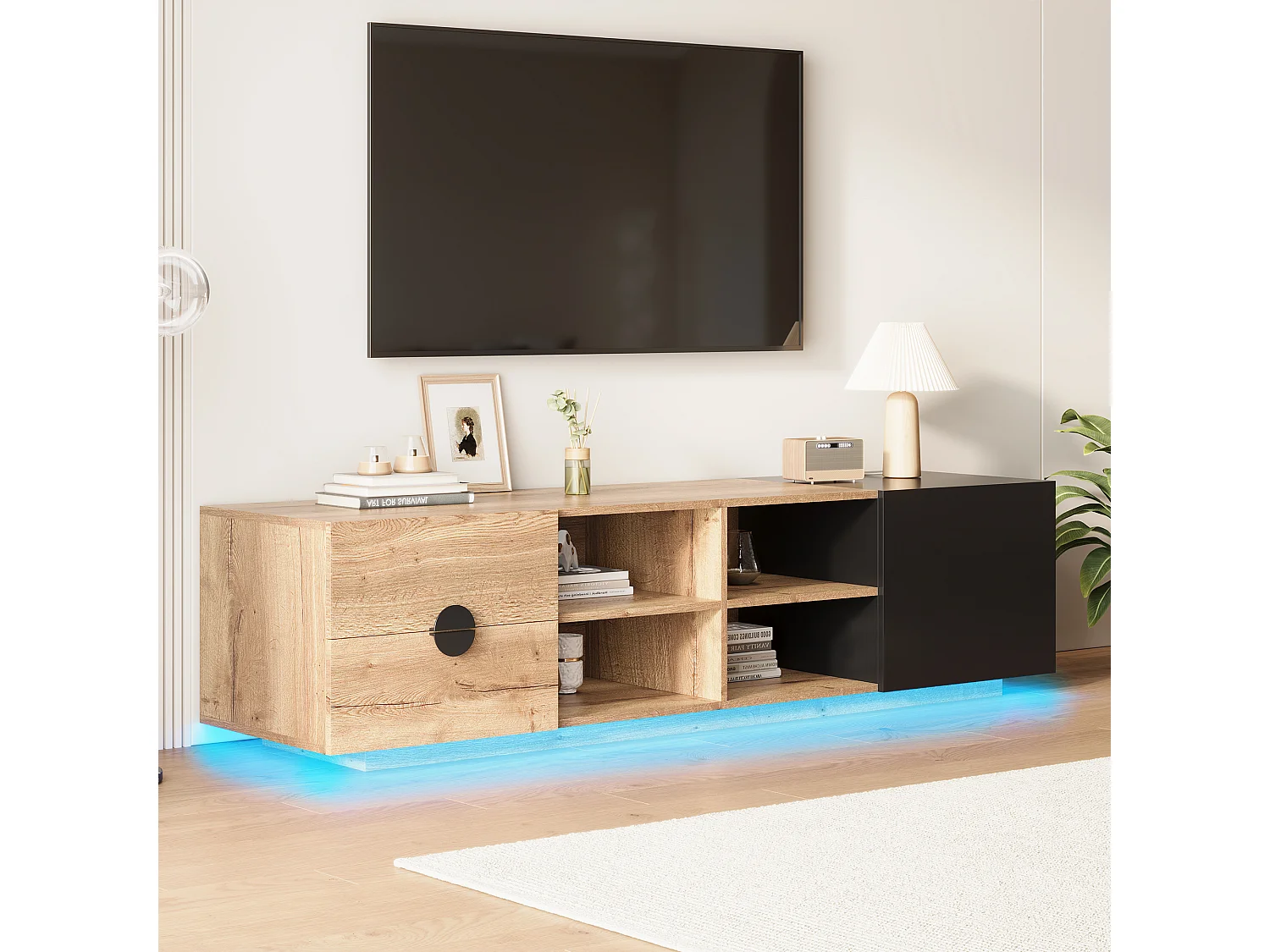 TV-Ständer aus kontrastierendem Holz und Schwarz – 180 x 38,5 x 47 cm – mit 2 Schubladen + Tür + Ablage + LEDs – Holz – Natur + Schwarz