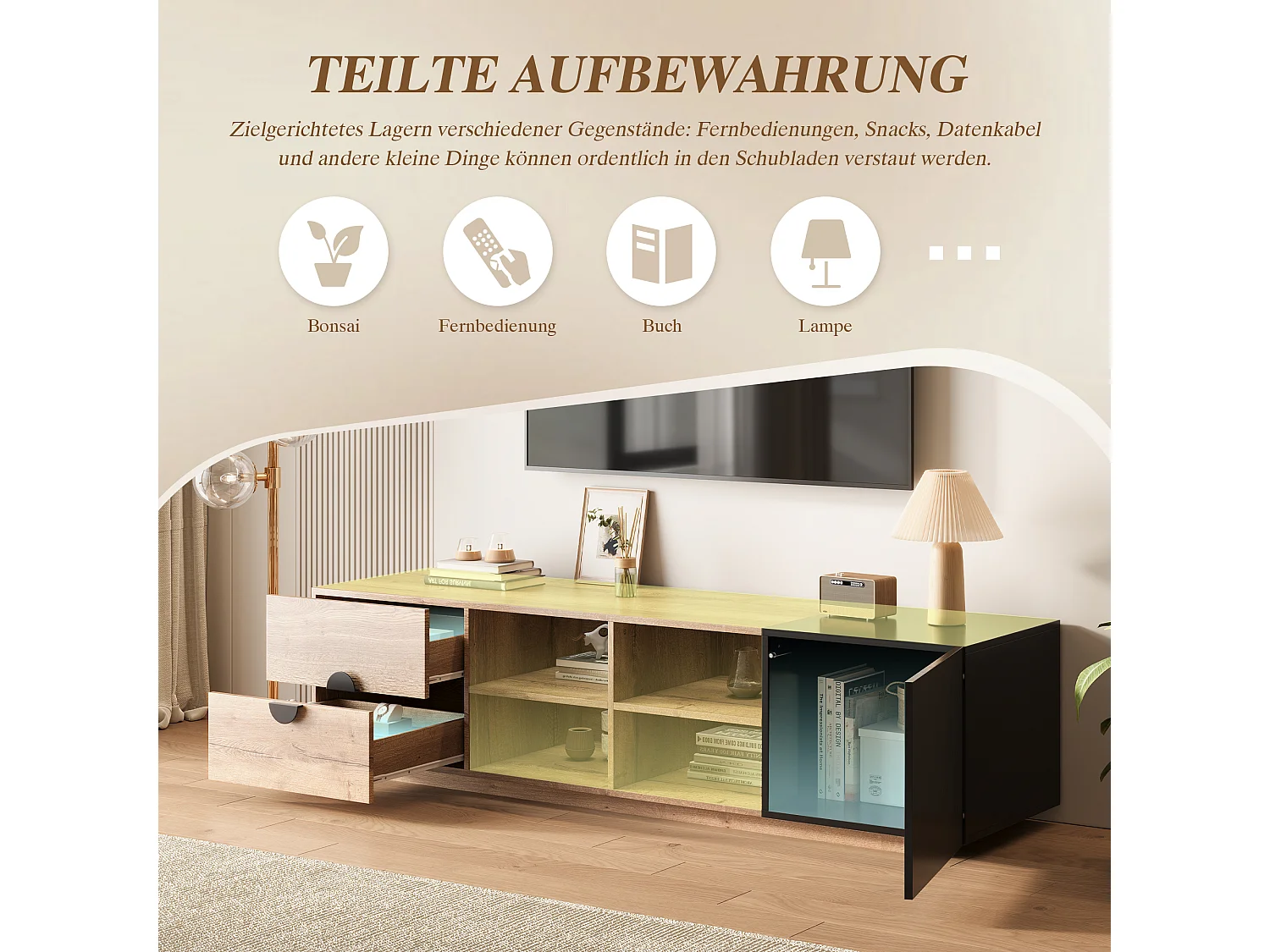 TV-Ständer aus kontrastierendem Holz und Schwarz – 180 x 38,5 x 47 cm – mit 2 Schubladen + Tür + Ablage + LEDs – Holz – Natur + Schwarz