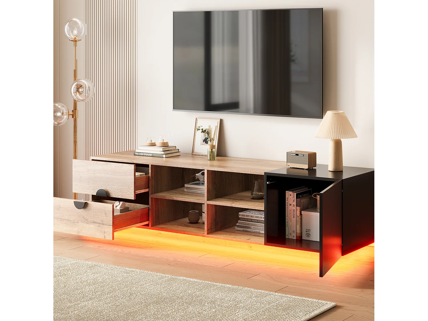 TV-Ständer aus kontrastierendem Holz und Schwarz – 180 x 38,5 x 47 cm – mit 2 Schubladen + Tür + Ablage + LEDs – Holz – Natur + Schwarz