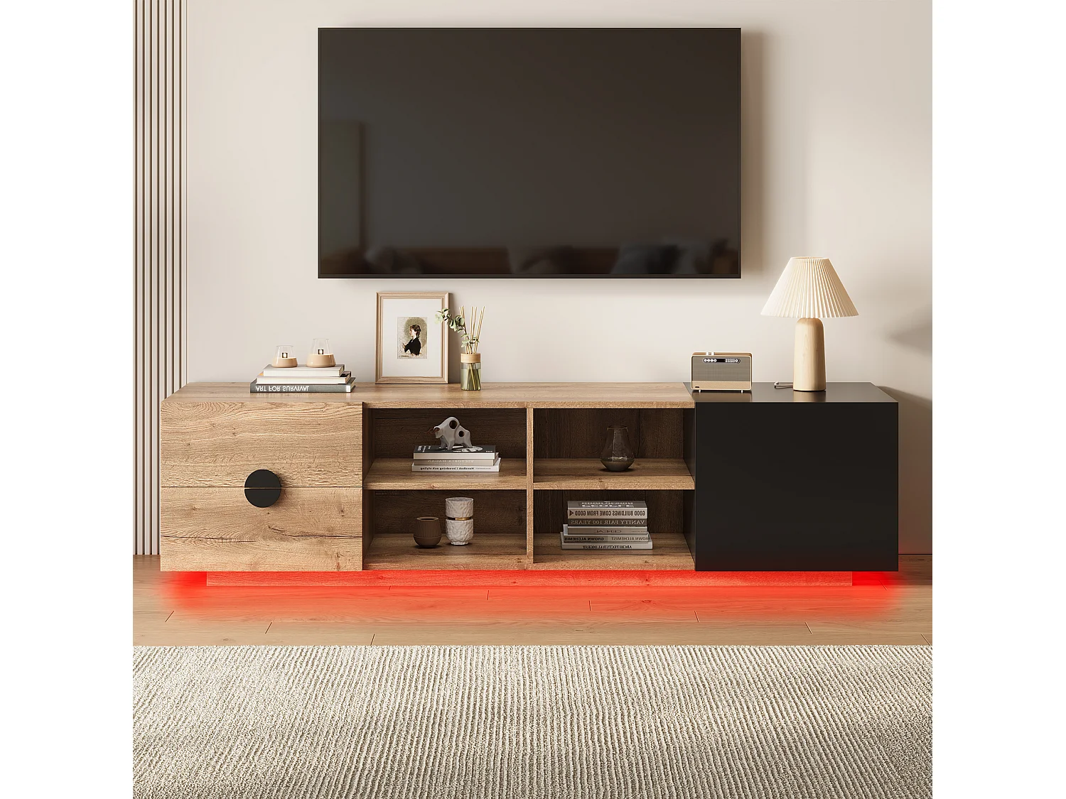 TV-Ständer aus kontrastierendem Holz und Schwarz – 180 x 38,5 x 47 cm – mit 2 Schubladen + Tür + Ablage + LEDs – Holz – Natur + Schwarz