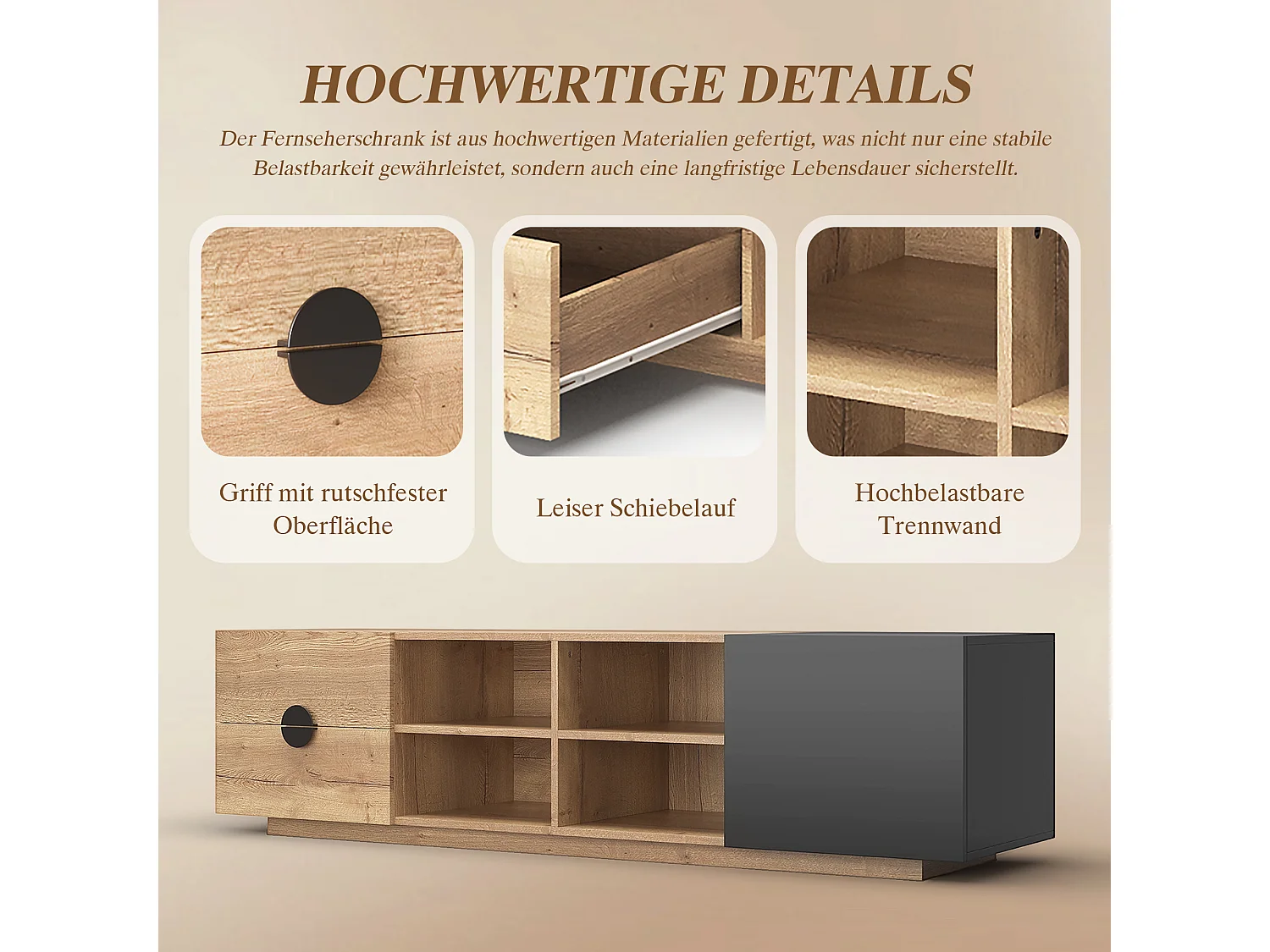 TV-Ständer aus kontrastierendem Holz und Schwarz – 180 x 38,5 x 47 cm – mit 2 Schubladen + Tür + Ablage + LEDs – Holz – Natur + Schwarz