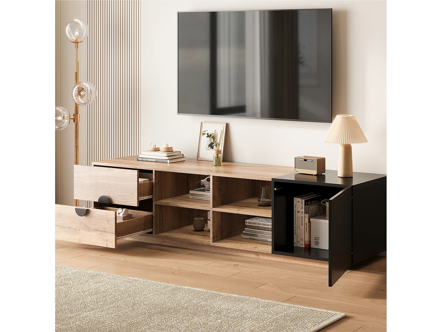 TV-Ständer aus kontrastierendem Holz und Schwarz – 180 x 38,5 x 47 cm – mit 2 Schubladen + Tür + Ablage + LEDs – Holz – Natur + Schwarz