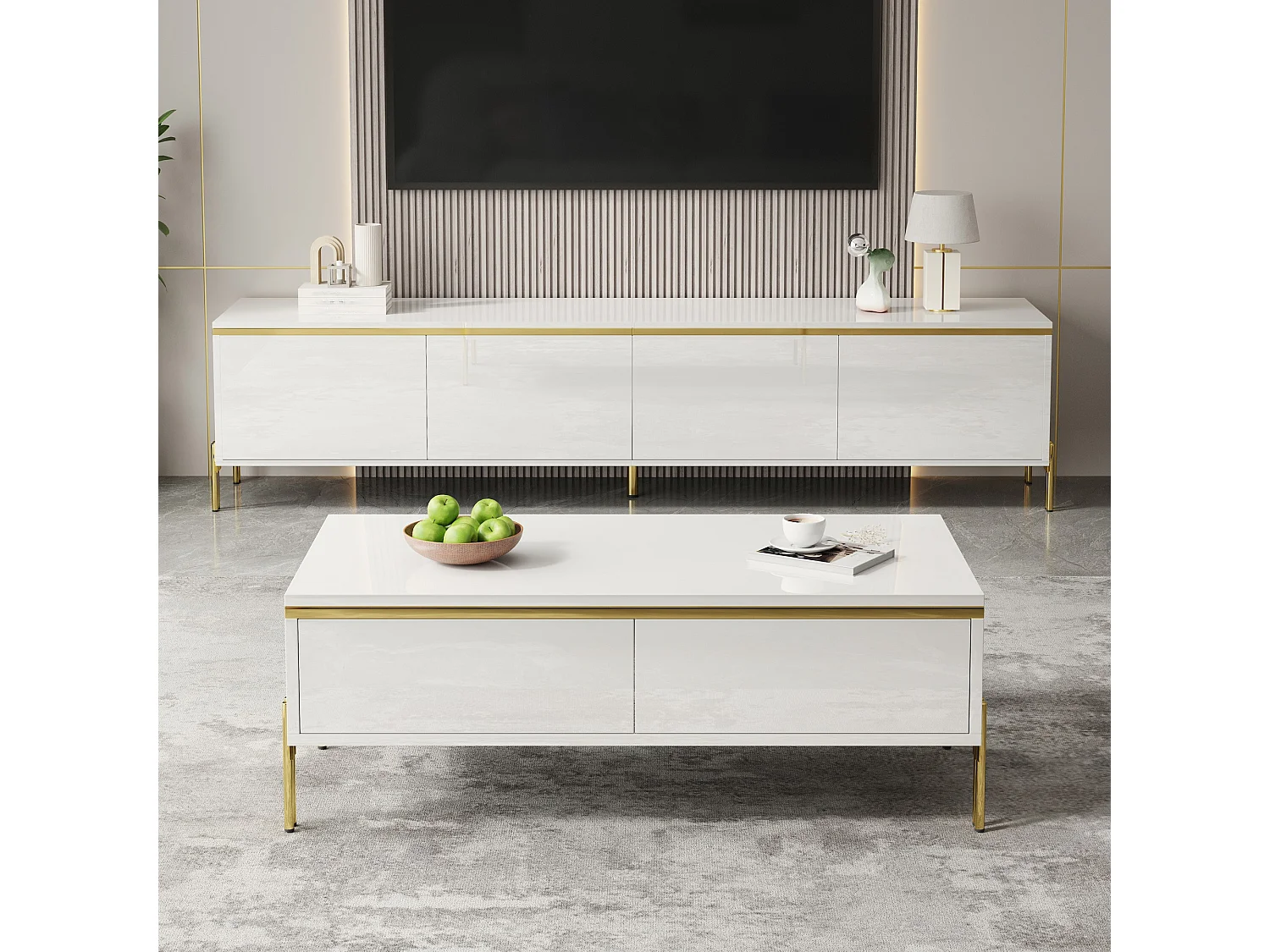 Modernes Luxus-TV-Möbel- und Couchtisch-Set – glatte, glänzende Oberfläche – mit Stauraum – Spanplatte – weiß