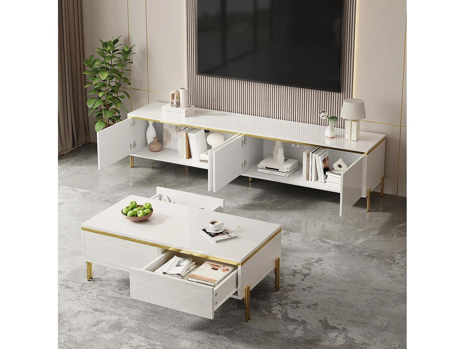 Modernes Luxus-TV-Möbel- und Couchtisch-Set – glatte, glänzende Oberfläche – mit Stauraum – Spanplatte – weiß