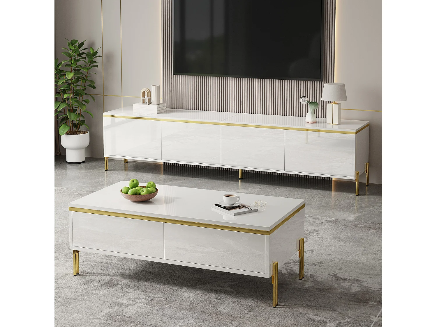 Modernes Luxus-TV-Möbel- und Couchtisch-Set – glatte, glänzende Oberfläche – mit Stauraum – Spanplatte – weiß