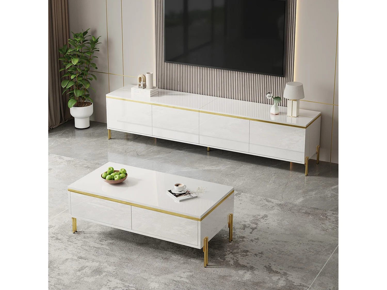 Modernes Luxus-TV-Möbel- und Couchtisch-Set – glatte, glänzende Oberfläche – mit Stauraum – Spanplatte – weiß