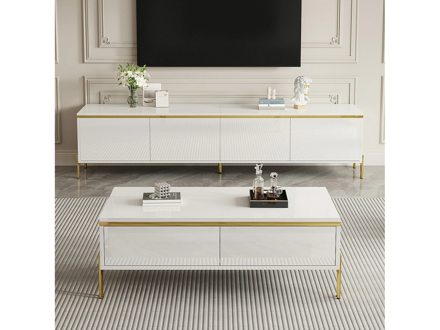 Modernes Luxus-TV-Möbel- und Couchtisch-Set – glatte, glänzende Oberfläche – mit Stauraum – Spanplatte – weiß