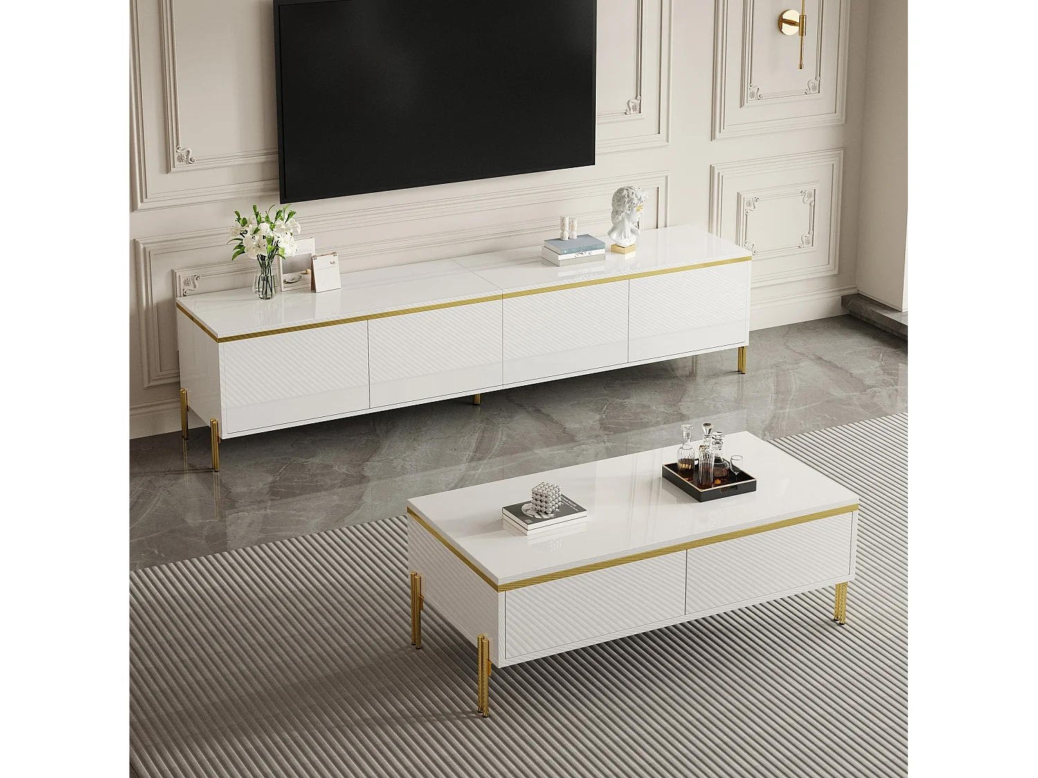 Modernes Luxus-TV-Möbel- und Couchtisch-Set – glatte, glänzende Oberfläche – mit Stauraum – Spanplatte – weiß