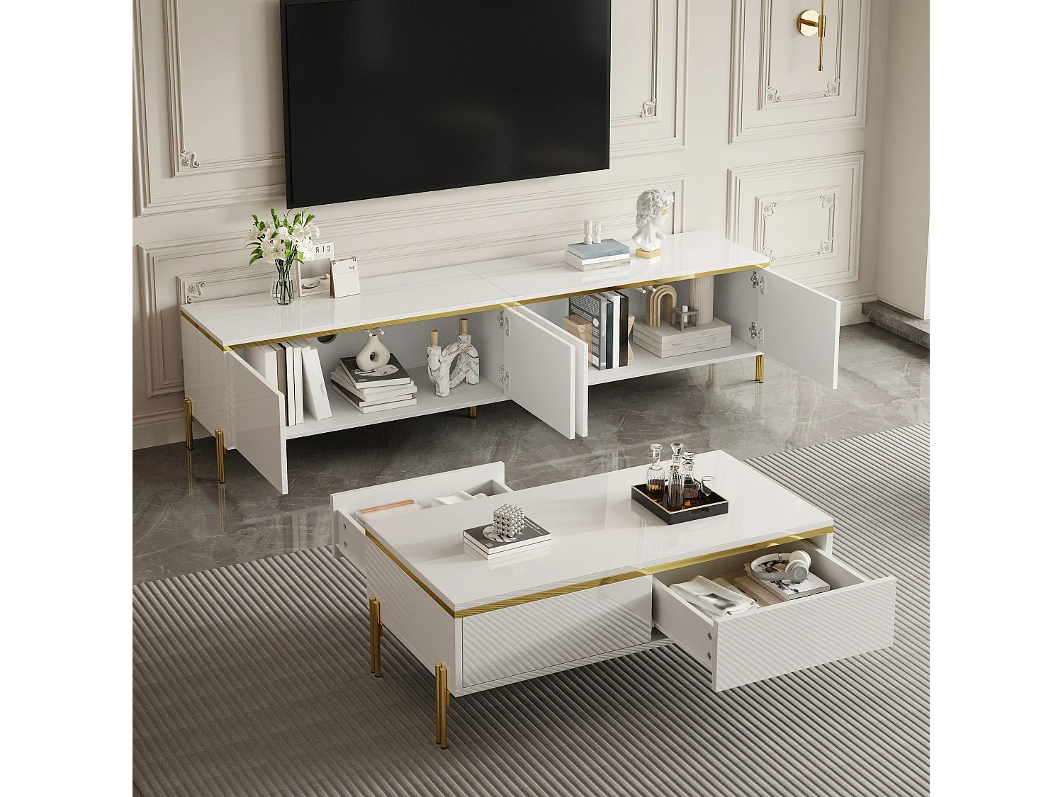 Modernes Luxus-TV-Möbel- und Couchtisch-Set – glatte, glänzende Oberfläche – mit Stauraum – Spanplatte – weiß