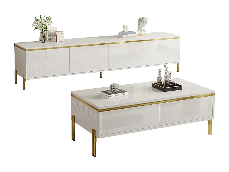 Modernes Luxus-TV-Möbel- und Couchtisch-Set – glatte, glänzende Oberfläche – mit Stauraum – Spanplatte – weiß