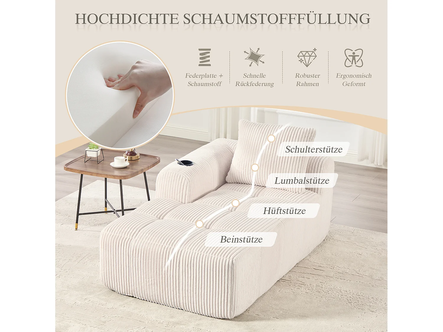 Canapé inclinable confortable - 158 x 93 x 61 cm - aucun assemblage requis - avec coussins de dossier + poche - velours - beige