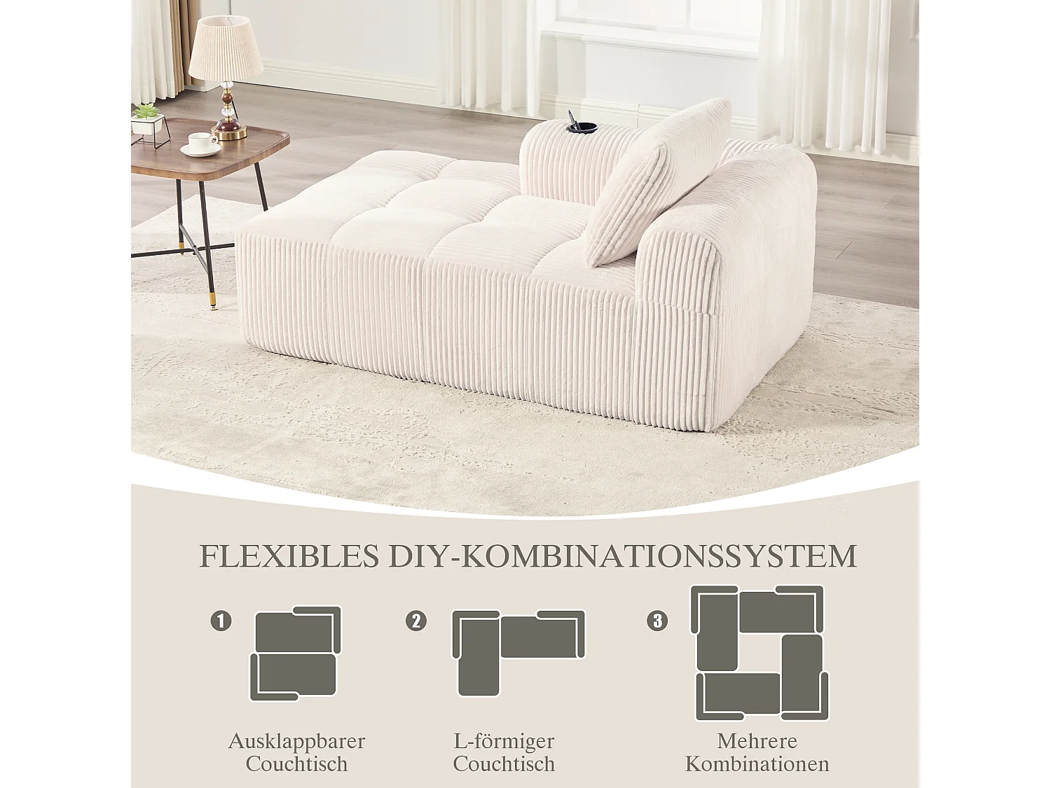 Canapé inclinable confortable - 158 x 93 x 61 cm - aucun assemblage requis - avec coussins de dossier + poche - velours - beige