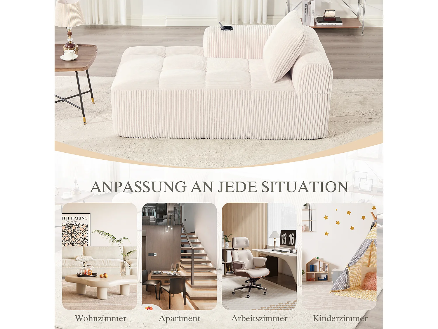 Canapé inclinable confortable - 158 x 93 x 61 cm - aucun assemblage requis - avec coussins de dossier + poche - velours - beige