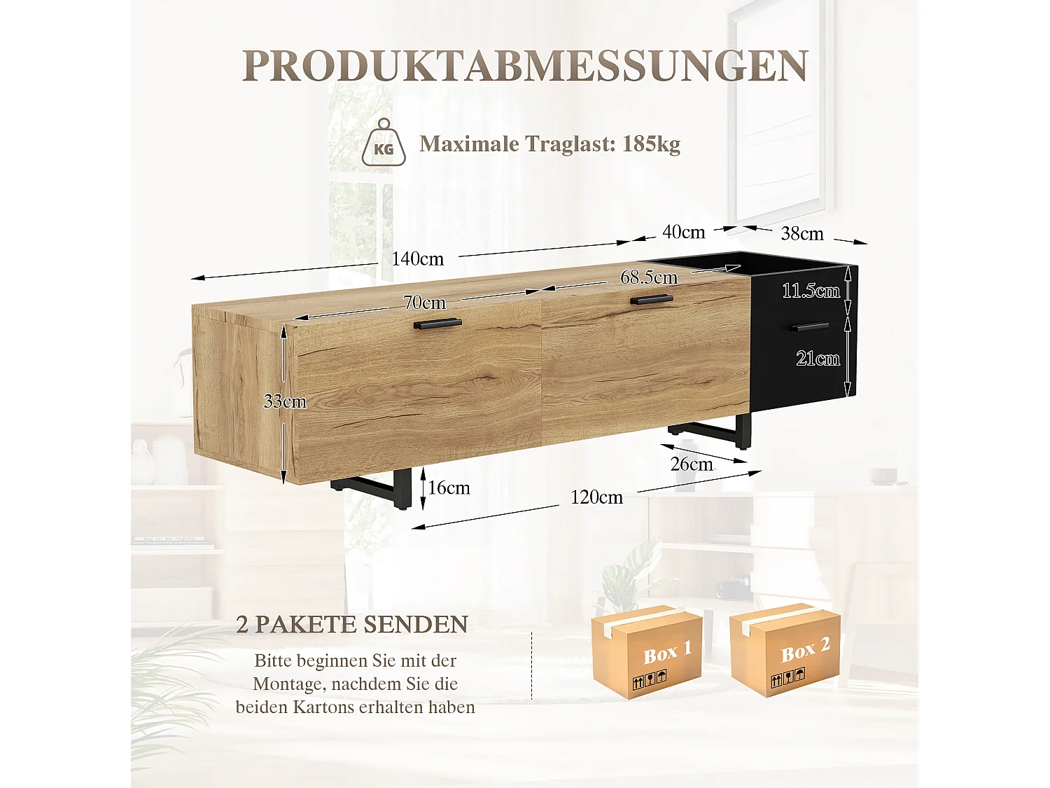 Moderner TV-Ständer fürs Wohnzimmer – 180 x 38 x 49 cm – mit Schubladen, Türen, geschlossenem Stauraum und LEDs – Holz – schwarz + natur