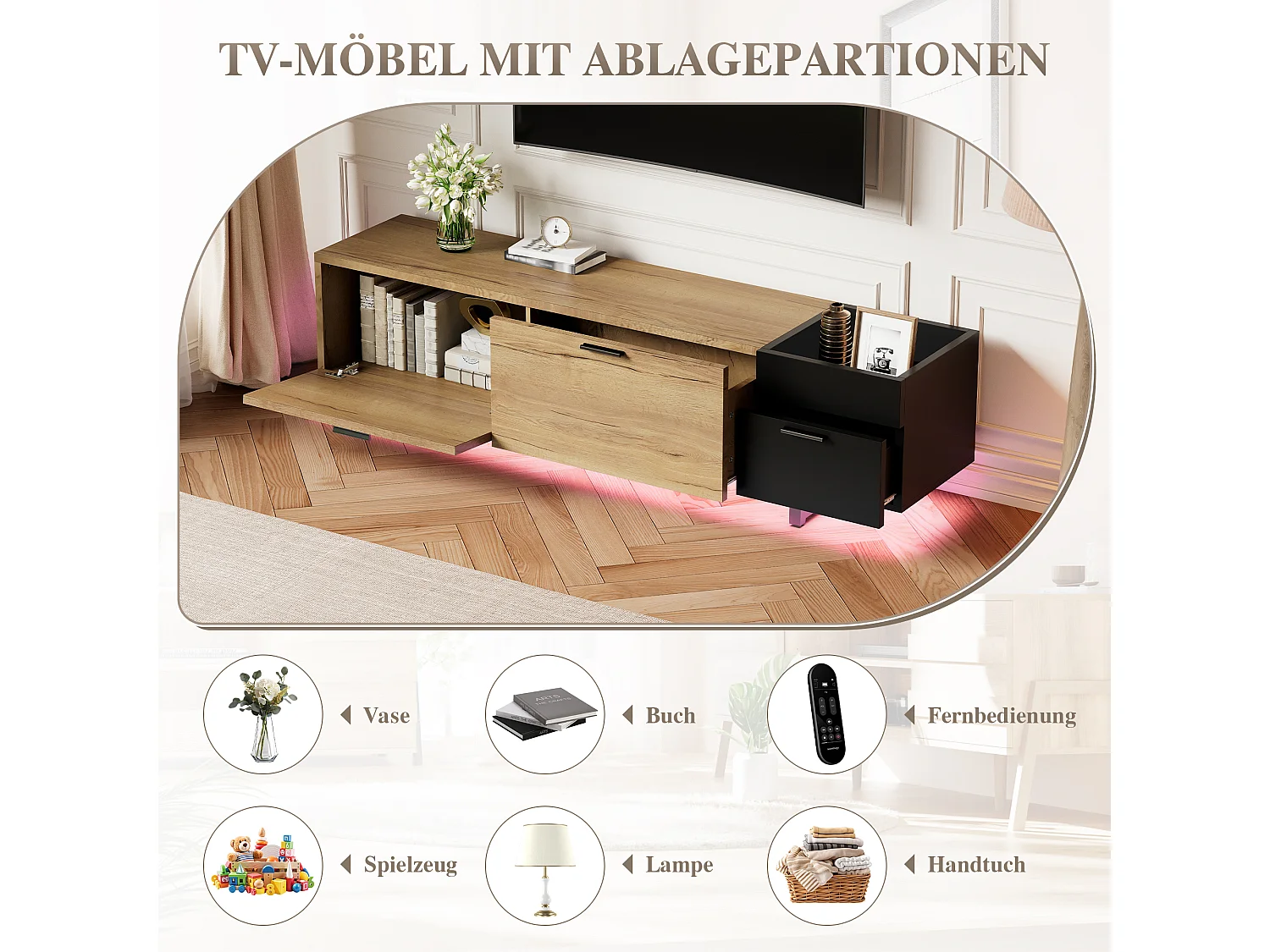 Moderner TV-Ständer fürs Wohnzimmer – 180 x 38 x 49 cm – mit Schubladen, Türen, geschlossenem Stauraum und LEDs – Holz – schwarz + natur