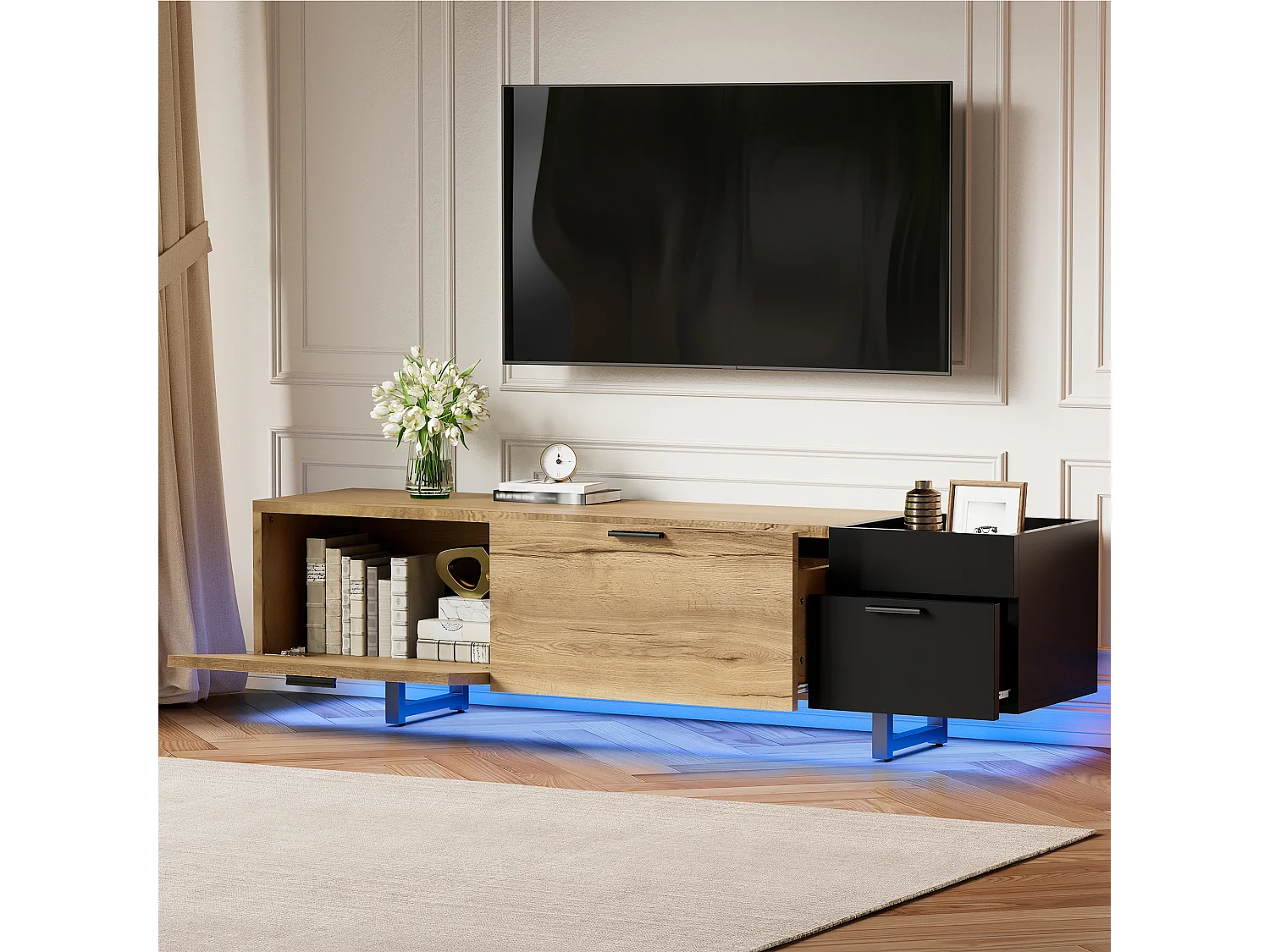 Moderner TV-Ständer fürs Wohnzimmer – 180 x 38 x 49 cm – mit Schubladen, Türen, geschlossenem Stauraum und LEDs – Holz – schwarz + natur