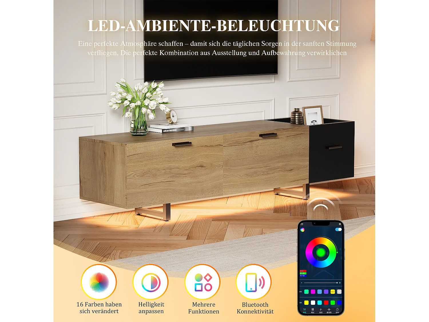 Moderner TV-Ständer fürs Wohnzimmer – 180 x 38 x 49 cm – mit Schubladen, Türen, geschlossenem Stauraum und LEDs – Holz – schwarz + natur