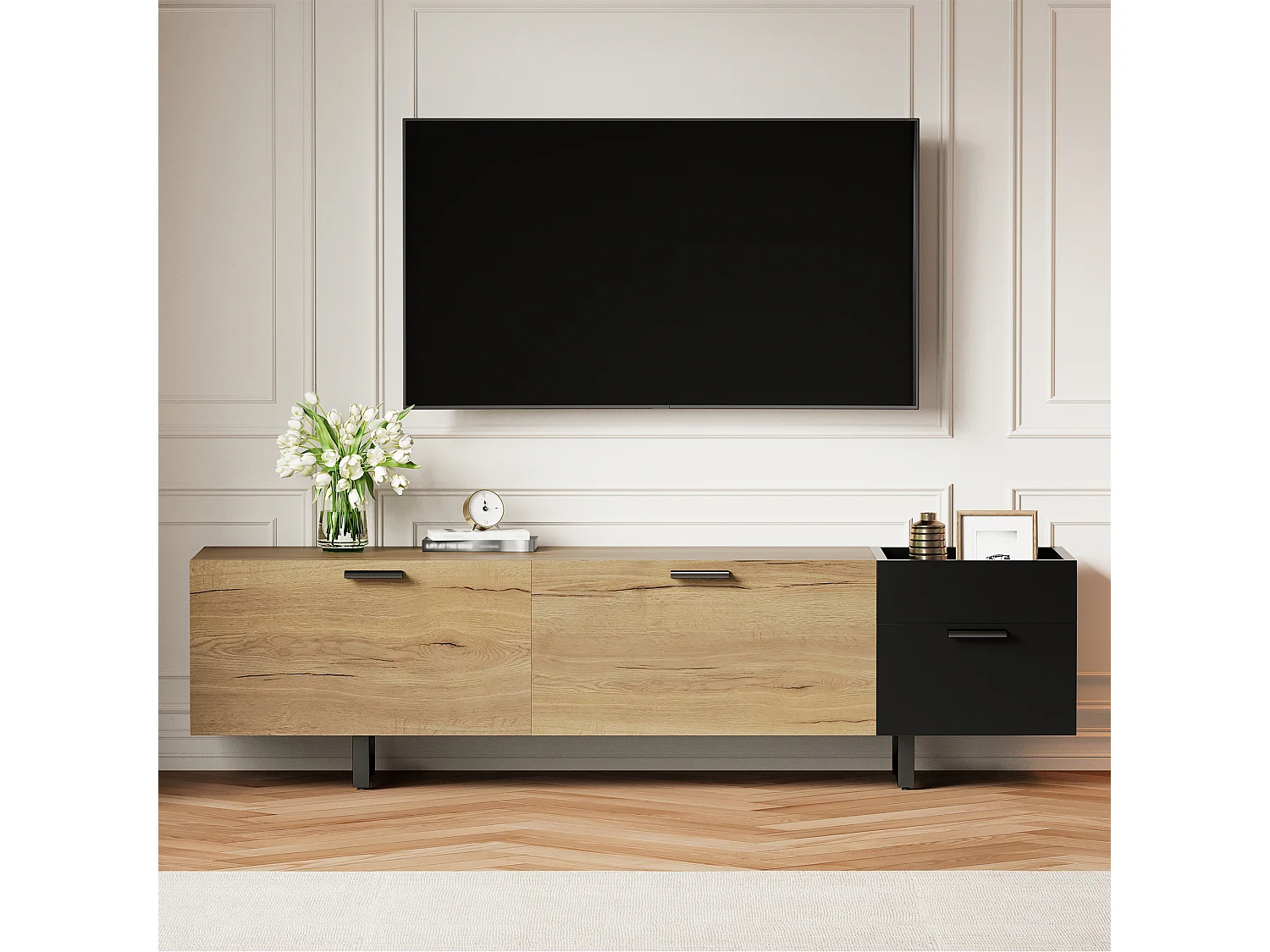 Moderner TV-Ständer fürs Wohnzimmer – 180 x 38 x 49 cm – mit Schubladen, Türen, geschlossenem Stauraum und LEDs – Holz – schwarz + natur