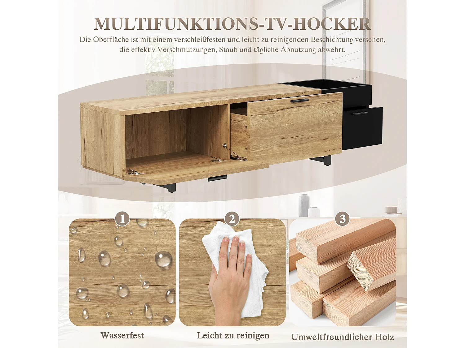 Moderner TV-Ständer fürs Wohnzimmer – 180 x 38 x 49 cm – mit Schubladen, Türen, geschlossenem Stauraum und LEDs – Holz – schwarz + natur