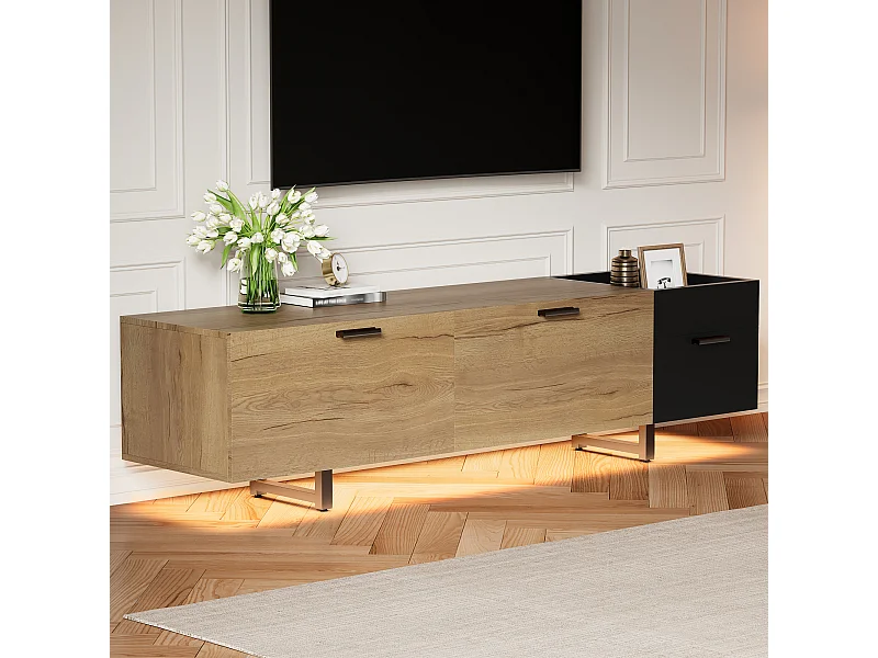 Moderner TV-Ständer fürs Wohnzimmer – 180 x 38 x 49 cm – mit Schubladen, Türen, geschlossenem Stauraum und LEDs – Holz – schwarz + natur