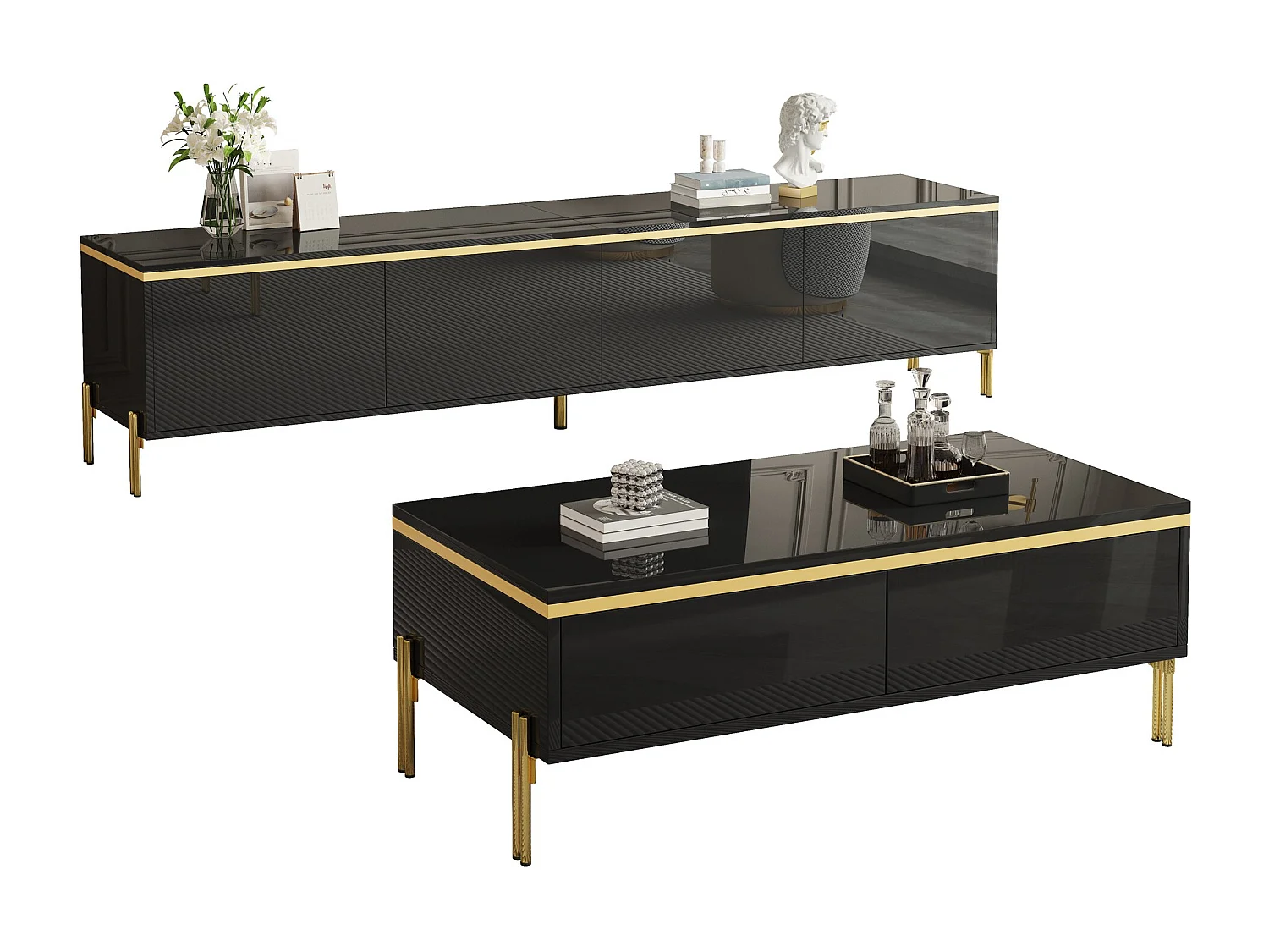 Modernes Luxus-TV-Möbel- und Couchtisch-Set – glänzende Oberfläche aus Mineralwerkstoff – mit Stauraum – Spanplatte – schwarz