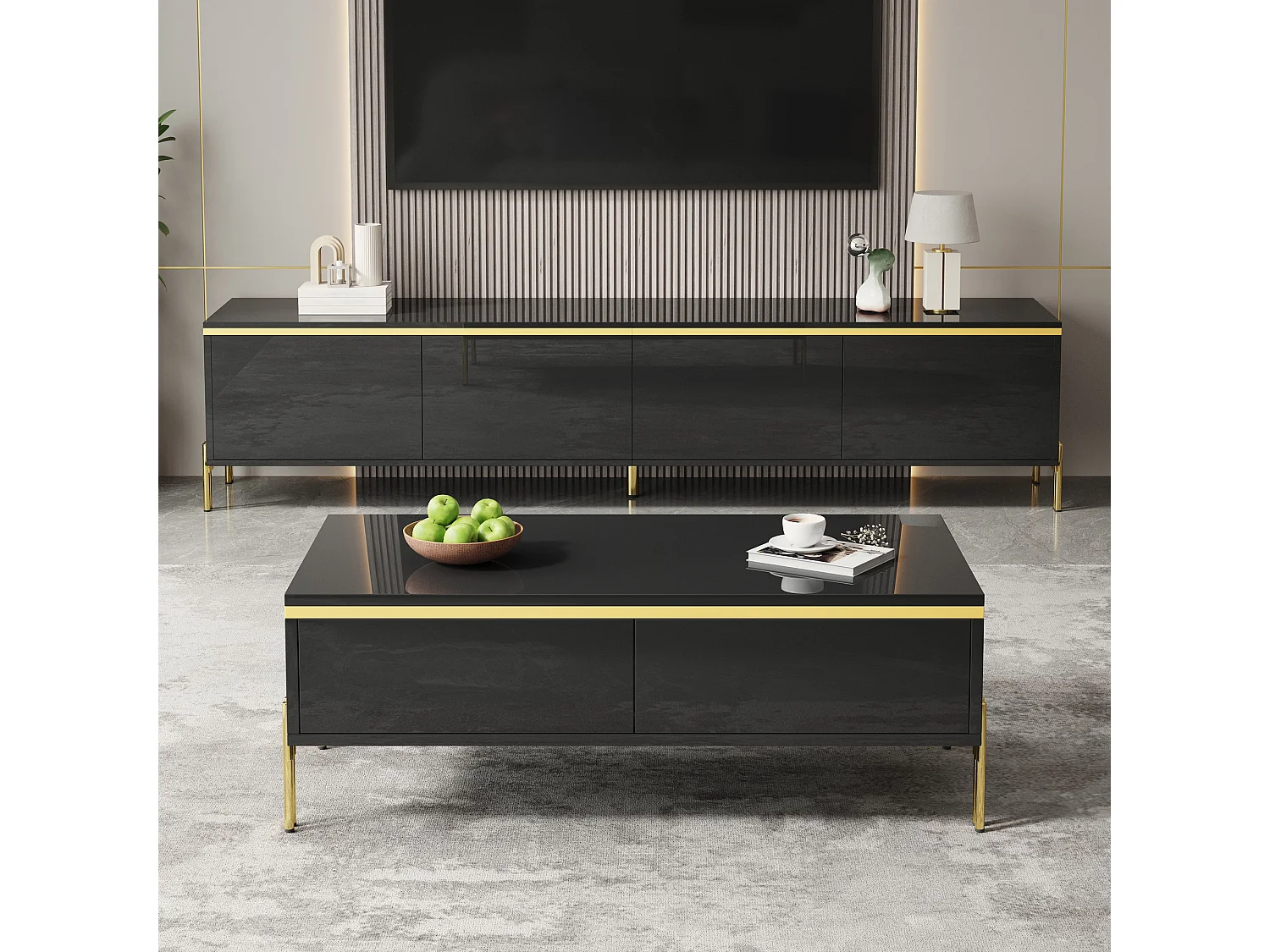 Modernes Luxus-TV-Möbel- und Couchtisch-Set – glänzende Oberfläche aus Mineralwerkstoff – mit Stauraum – Spanplatte – schwarz