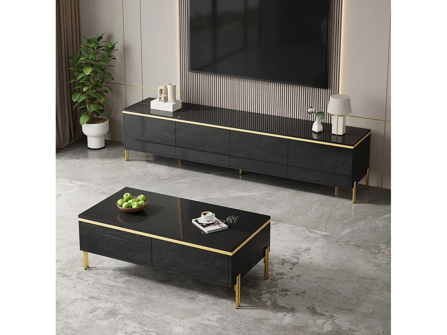 Modernes Luxus-TV-Möbel- und Couchtisch-Set – glänzende Oberfläche aus Mineralwerkstoff – mit Stauraum – Spanplatte – schwarz