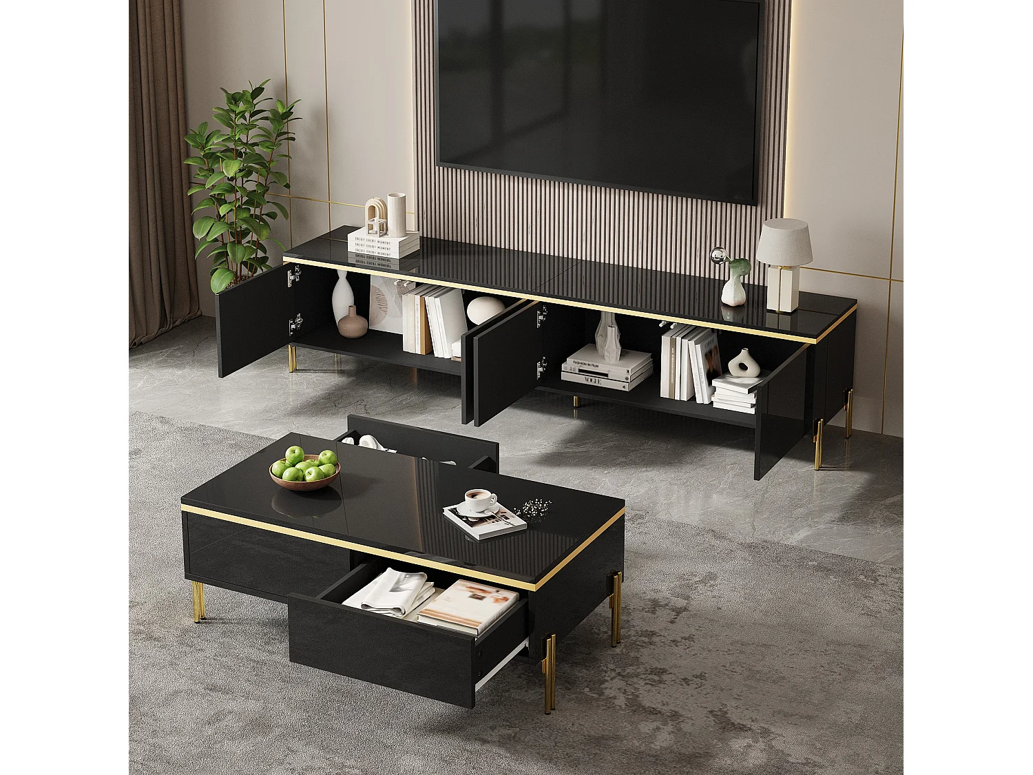 Modernes Luxus-TV-Möbel- und Couchtisch-Set – glänzende Oberfläche aus Mineralwerkstoff – mit Stauraum – Spanplatte – schwarz