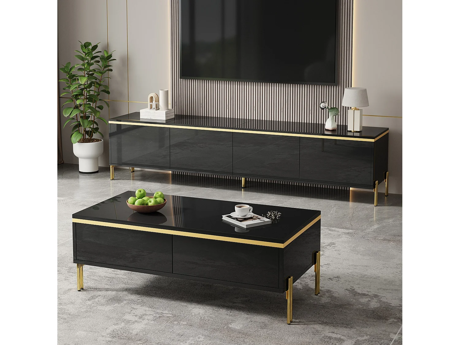 Modernes Luxus-TV-Möbel- und Couchtisch-Set – glänzende Oberfläche aus Mineralwerkstoff – mit Stauraum – Spanplatte – schwarz