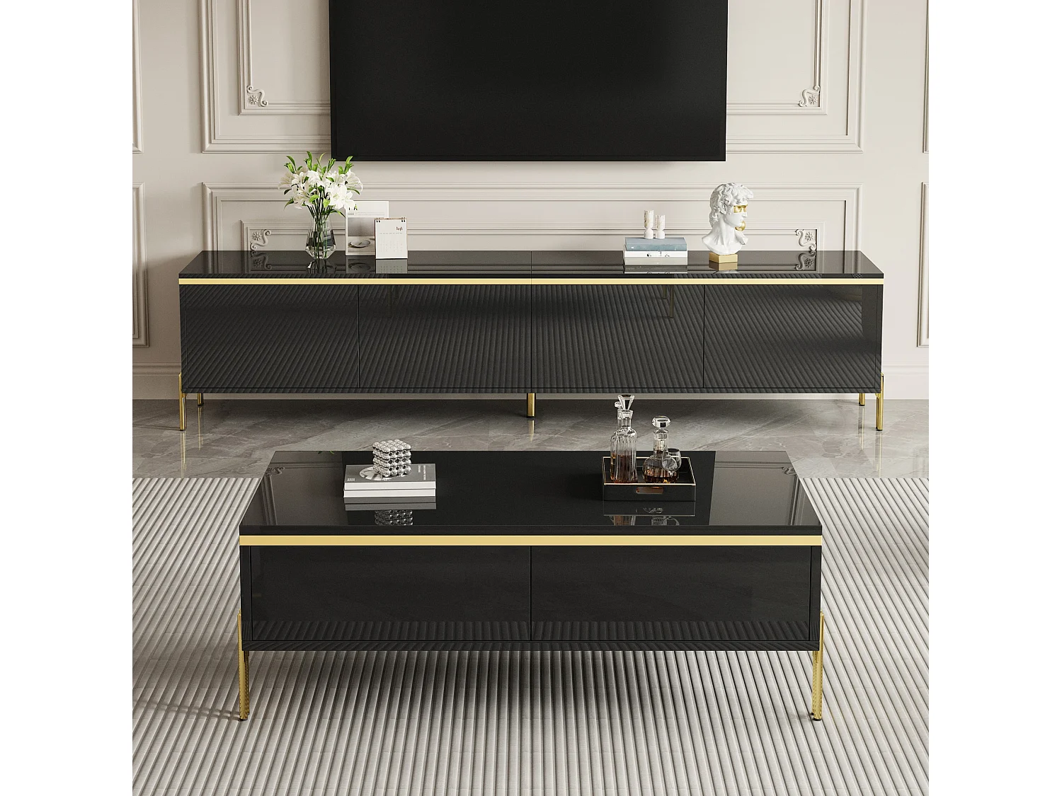 Modernes Luxus-TV-Möbel- und Couchtisch-Set – glänzende Oberfläche aus Mineralwerkstoff – mit Stauraum – Spanplatte – schwarz