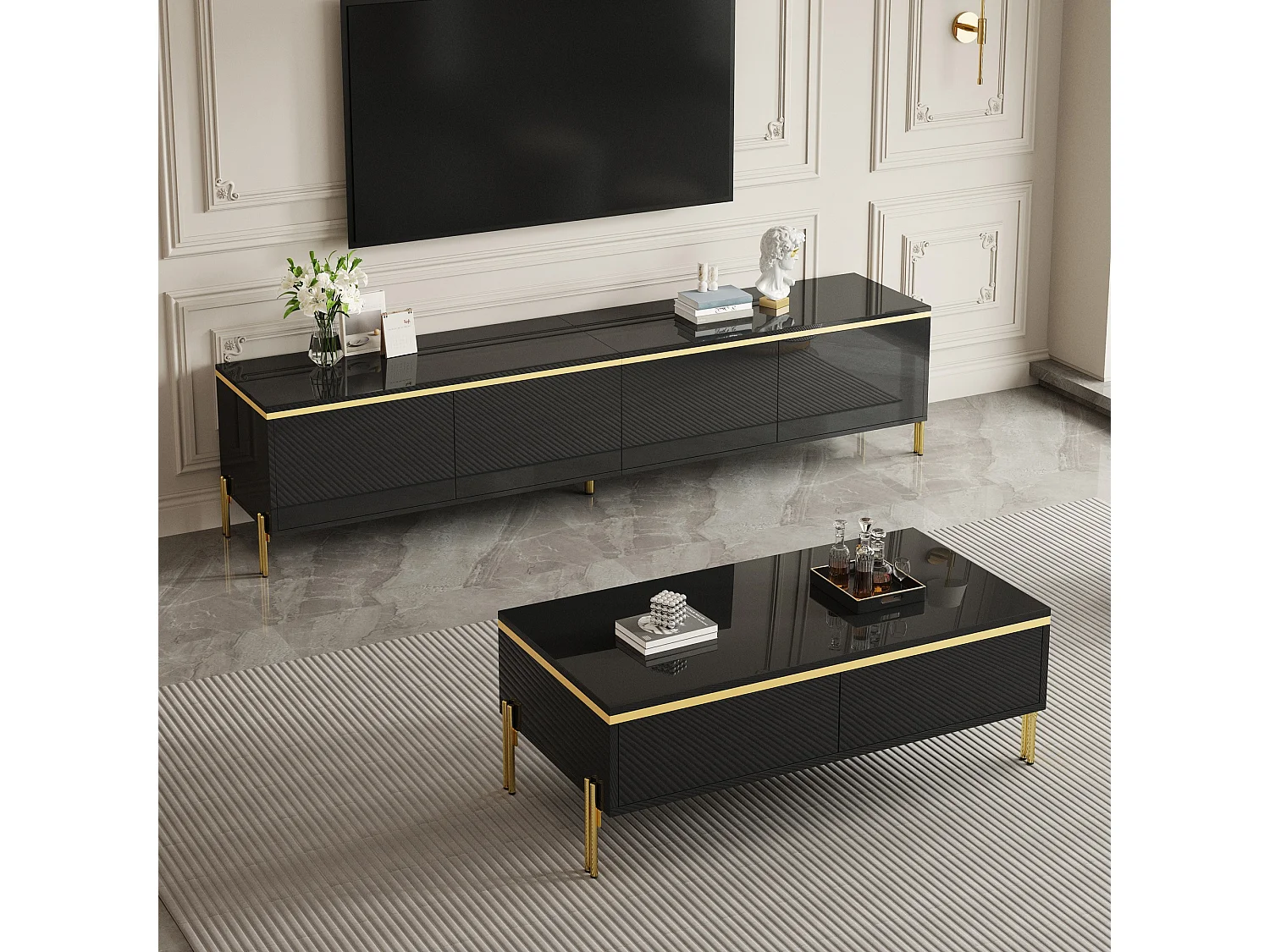 Modernes Luxus-TV-Möbel- und Couchtisch-Set – glänzende Oberfläche aus Mineralwerkstoff – mit Stauraum – Spanplatte – schwarz