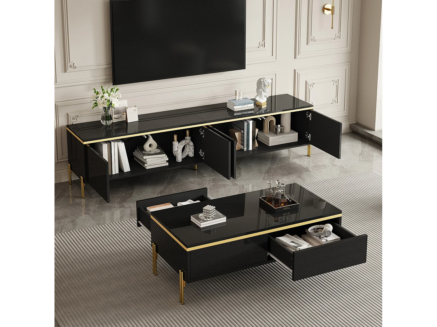 Modernes Luxus-TV-Möbel- und Couchtisch-Set – glänzende Oberfläche aus Mineralwerkstoff – mit Stauraum – Spanplatte – schwarz