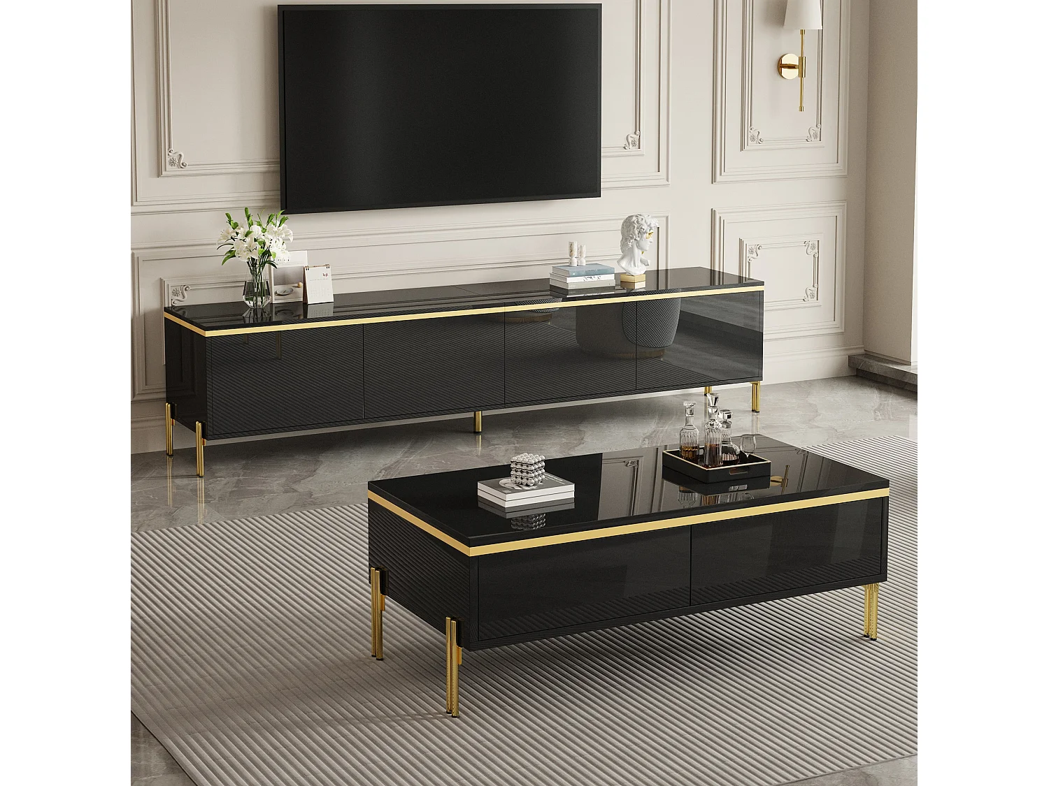 Modernes Luxus-TV-Möbel- und Couchtisch-Set – glänzende Oberfläche aus Mineralwerkstoff – mit Stauraum – Spanplatte – schwarz