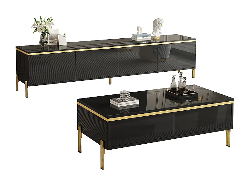Modernes Luxus-TV-Möbel- und Couchtisch-Set – glänzende Oberfläche aus Mineralwerkstoff – mit Stauraum – Spanplatte – schwarz