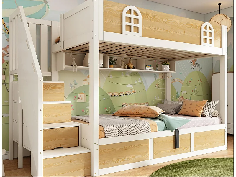 Stapelbed 90x200cm - Onderbed met opbergruimte - trap met opbergruimte - met veiligheidshek - Wit + Natuur