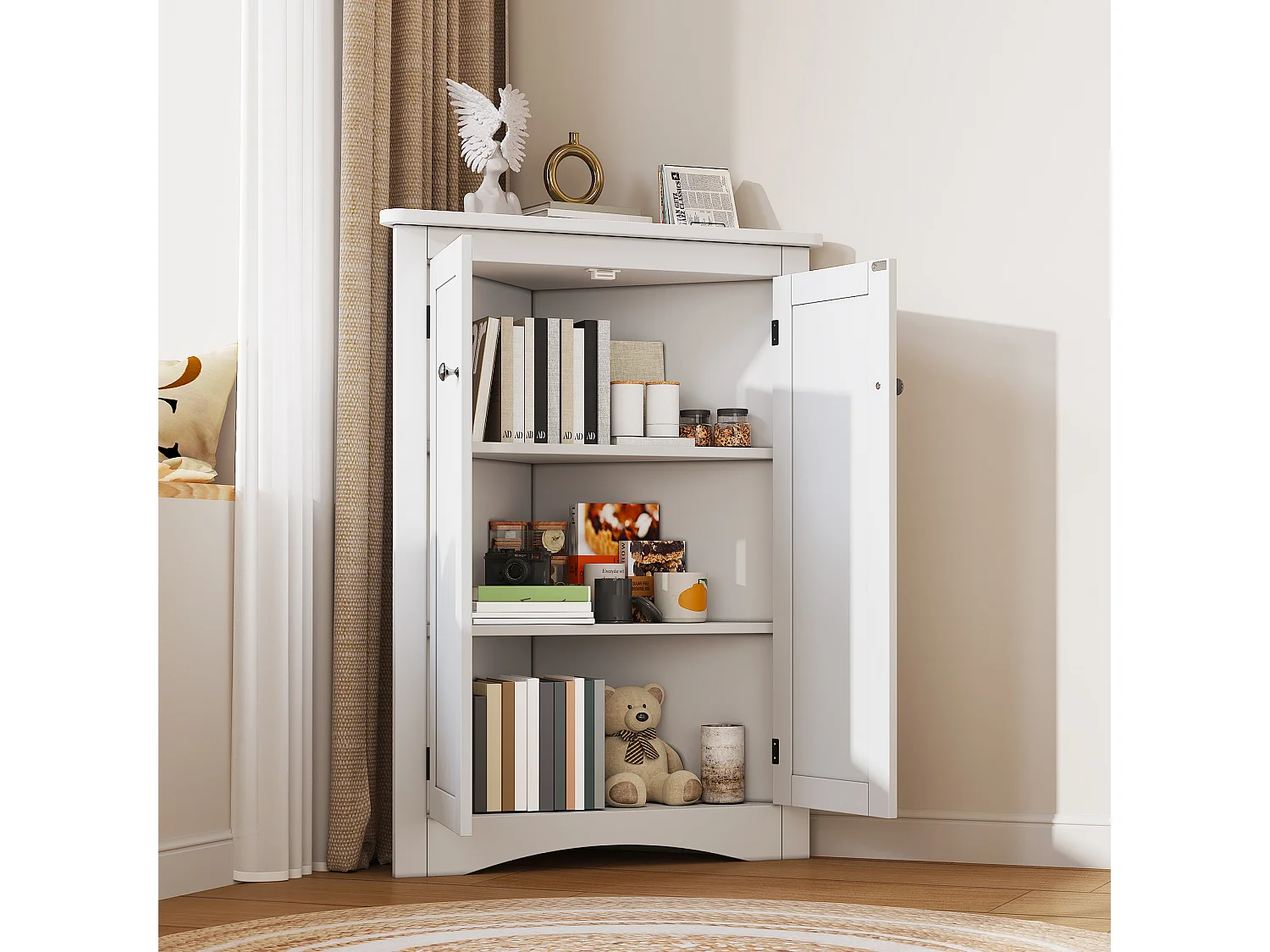 Meuble d'angle laquée pour salle de bain - 61.5 x 34.5 x 90 cm -  avec 2 portes + 3 étagères - MDF - blanc