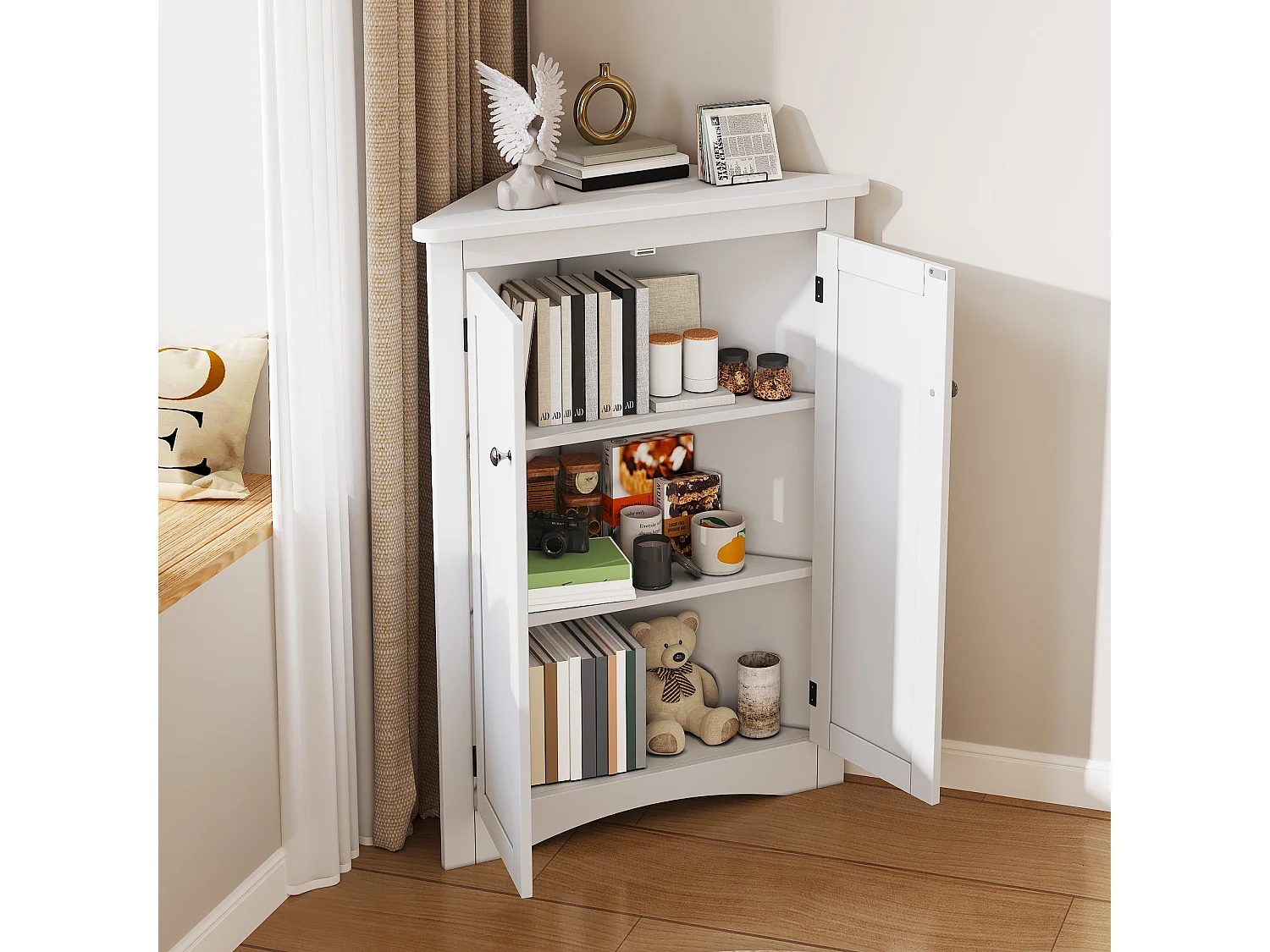 Meuble d'angle laquée pour salle de bain - 61.5 x 34.5 x 90 cm -  avec 2 portes + 3 étagères - MDF - blanc